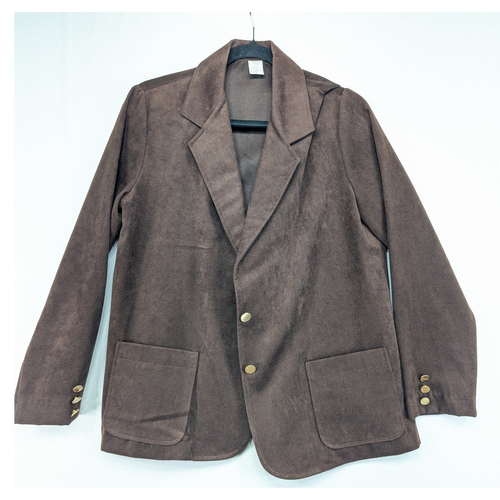Vintage Brown Faux Suede Blazer Jacket 2 Button Patch‎ Pockets Size 16